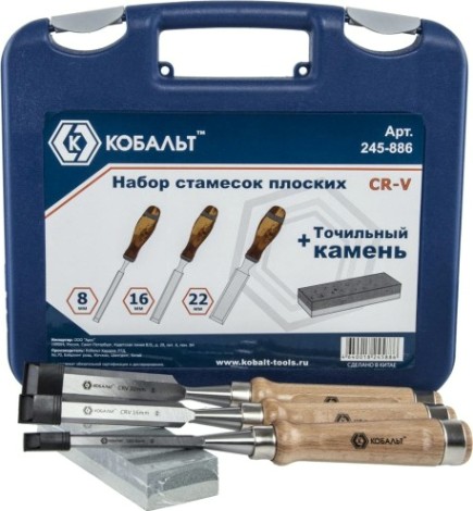 Набор стамесок Кобальт 245-886 плоских (8, 16, 22х140 мм), cr-v, деревянная рукоятка [245-886]