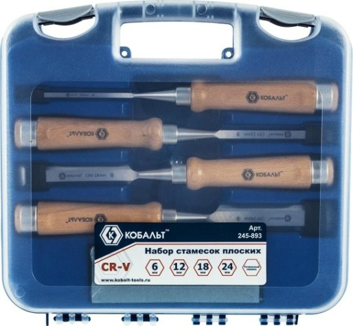 Набор стамесок Кобальт 245-893 плоских (6, 12, 18, 24х140 мм), cr-v, деревянная рукоятка [245-893]