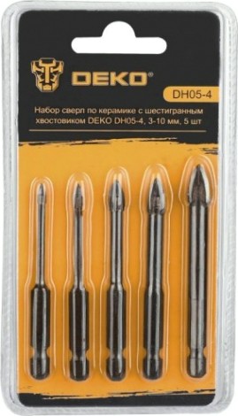 Набор сверл алмазных DEKO DH05-4 по керамике с шестигранным хвостовиком 3-10 мм, 5 [065-0535]