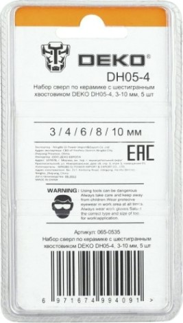 Набор сверл алмазных DEKO DH05-4 по керамике с шестигранным хвостовиком 3-10 мм, 5 [065-0535]