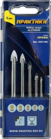 Набор сверл алмазных ПРАКТИКА "Профи", 5 шт, 3, 4, 5, 6, 8 мм, ПРО по стеклу и керамике [640-346]