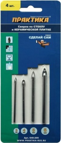 Набор сверл алмазных ПРАКТИКА "Сделай сам", 4 шт, 3,4,5,6 мм по стеклу и керамике [640-209]