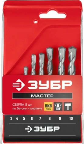 Набор сверл по бетону ЗУБР МАСТЕР 8 шт: d 3-4-5-6-7-8-9-10 мм [2922-H8_z02]