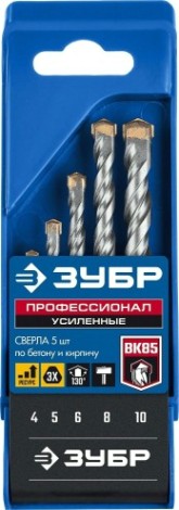 Набор сверл по бетону ЗУБР ПРОФЕССИОНАЛ 5 шт: d 4-5-6-8-10 мм усиленных, 3-х гранный хвост [2916-H5_z01]