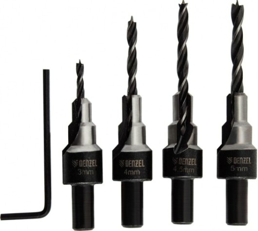 Набор сверл по дереву Denzel 3-5 мм под конфирмат, 4 шт [704240]