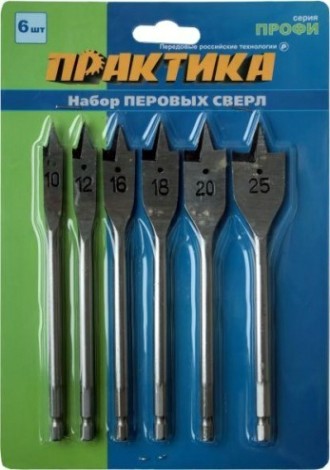 Набор сверл по дереву ПРАКТИКА 6 шт 10/12/16/18/20/25 мм в блистере [774-368]
