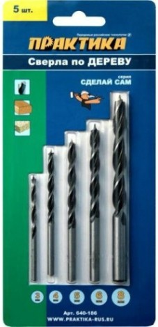 Набор сверл по дереву ПРАКТИКА Сделай сам 5 шт, 3,4,5,6,8 мм, блистер [640-186]