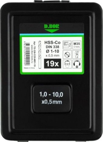 Набор сверл по металлу D.BOR COBALT HSS-Co 19 шт. 5%, din 338 (1-10х0,5 мм) [D-TD-338-CO5-MS1-19]