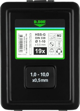 Набор сверл по металлу D.BOR HSS-G 19 шт. шлифованные, din 338 (1-10х0,5 мм) [D-TD-338-HSS-MS1-19]