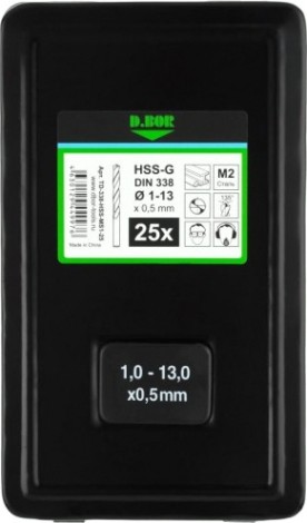 Набор сверл по металлу D.BOR HSS-G 25 шт. шлифованные, din 338 (1-13х0,5 мм) [D-TD-338-HSS-MS1-25]