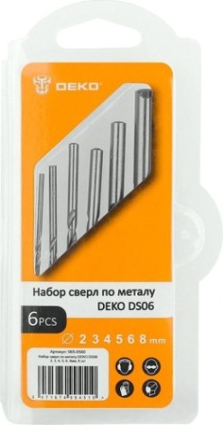 Набор сверл по металлу DEKO DS06 2, 3, 4, 5, 6, 8мм, 6 шт [065-0580]