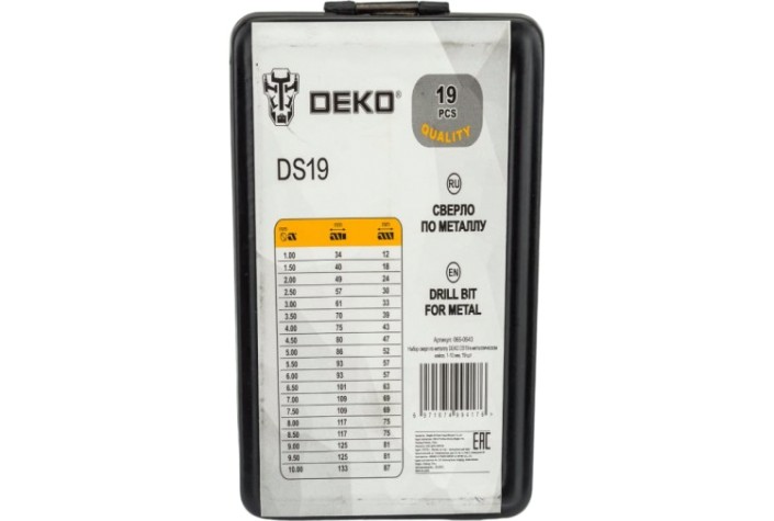 Набор сверл по металлу DEKO DS19 в металлическом кейсе, 1-10 мм, 19 шт [065-0543]
