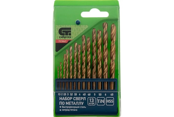 Набор сверл по металлу HSS-TIN СИБРТЕХ 1,5 - 6,5мм, 13 шт. [723867]
