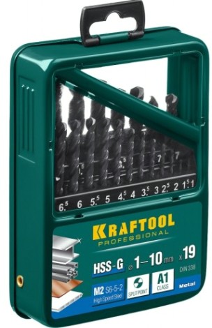 Набор сверл по металлу KRAFTOOL 29651-H19 hss-g, 19 шт (1-10мм)