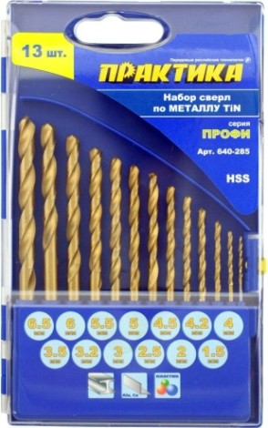 Набор сверл по металлу ПРАКТИКА нитрид титановые 13 шт. (1,5-6,5 мм.) Профи 640-285 [640-285]