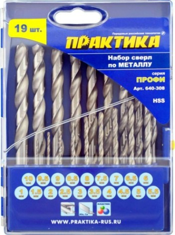 Набор сверл по металлу ПРАКТИКА Р6М5 19 шт. (1.5-10 мм.) Профи 640-308 [640-308]