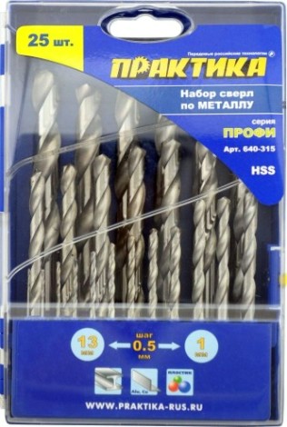 Набор сверл по металлу ПРАКТИКА Р6М5 25 шт. (1.0-13 мм.) Профи 640-315 [640-315]