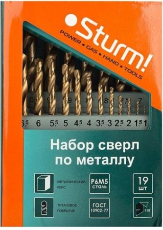 Набор сверл по металлу Sturm 1055-03-SS3 титан. покрытие 1.0-10мм, 19шт. в металл. кейсе