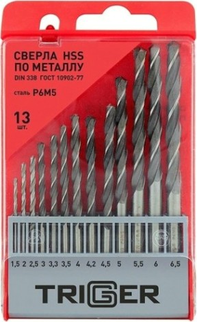 Набор сверл по металлу TRIGGER 74341 P6M5 1,5-6,5мм (13шт.) [тов-155651]