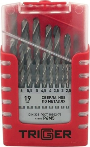 Набор сверл по металлу TRIGGER 74343 P6M5 1-10мм (19шт.) [тов-155653]