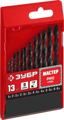 Набор сверл по металлу ЗУБР МАСТЕР 13шт (1.5-6.5мм), сталь р4м2, класс в [29605-H13]