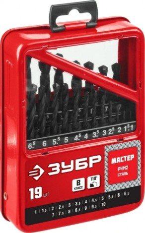 Набор сверл по металлу ЗУБР МАСТЕР 19шт (1-10мм), сталь р4м2, класс в, мет.бокс [29605-H19]