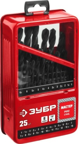 Набор сверл по металлу ЗУБР МАСТЕР 25шт (1-13мм), сталь р4м2, класс в, мет.бокс [29605-H25]