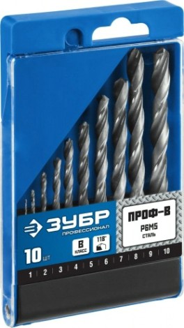 Набор сверл по металлу ЗУБР ПРОФЕССИОНАЛ 10шт(1-10мм), сталь р6м5, класс в [29621-H10]