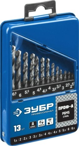 Набор сверл по металлу ЗУБР ПРОФЕССИОНАЛ 13шт(1.5-6.5мм), сталь р6м5, класс а, мет.бокс [29625-H13]
