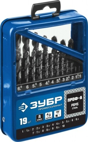 Набор сверл по металлу ЗУБР ПРОФЕССИОНАЛ 19шт(1-10мм), сталь р6м5, класс а, мет.бокс [29625-H19]