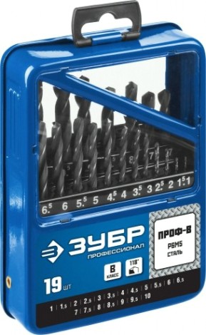 Набор сверл по металлу ЗУБР ПРОФЕССИОНАЛ 19шт(1-10мм), сталь р6м5, класс в, мет.бокс [29621-H19]