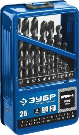 Набор сверл по металлу ЗУБР ПРОФЕССИОНАЛ 25шт(1-13мм), сталь р6м5, класс а, мет.бокс [29625-H25]