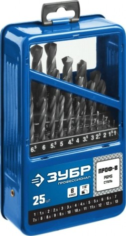 Набор сверл по металлу ЗУБР ПРОФЕССИОНАЛ 25шт(1-13мм), сталь р6м5, класс в, мет.бокс [29621-H25]