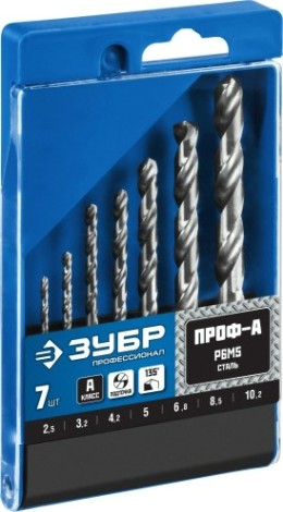 Набор сверл по металлу ЗУБР ПРОФЕССИОНАЛ 7шт(2.5-10.2мм), резьбовой, сталь р6м5, класс а [29625-H7R]