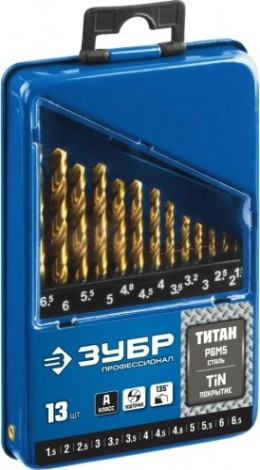 Набор сверл по металлу ЗУБР ПРОФЕССИОНАЛ титан 13шт(1.5-6.5мм), сталь р6м5, класс а, титино [29615-H13_z01]