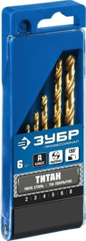 Набор сверл по металлу ЗУБР ПРОФЕССИОНАЛ титан 6шт(2-8мм), сталь р6м5, класс а, титиновое п [29615-H6]