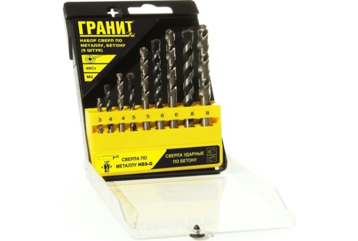 Набор сверл универсальный ГРАНИТ 700003 по металлу и бетону, 9 шт. Набор сверл универсальный ГРАНИТ 700003 по металлу и бетону, 9 шт.