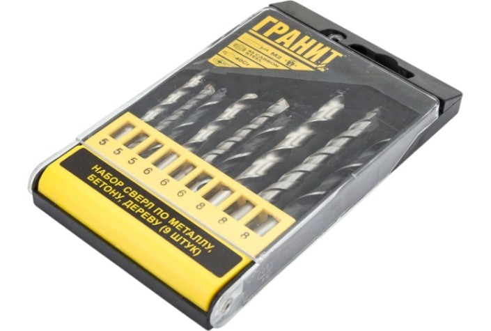 Набор сверл универсальный ГРАНИТ 700004 по металлу и бетону, 9 шт. Набор сверл универсальный ГРАНИТ 700004 по металлу и бетону, 9 шт.