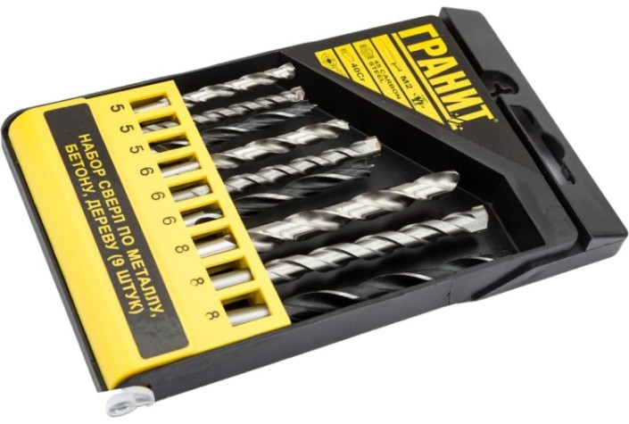 Набор сверл универсальный ГРАНИТ 700004 по металлу и бетону, 9 шт. Набор сверл универсальный ГРАНИТ 700004 по металлу и бетону, 9 шт.