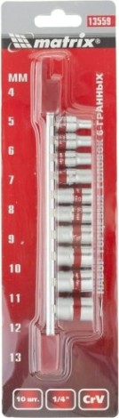 Набор торцевых головок 6 гранных, 1/4" MATRIX 4-13 мм crv, 10 предметов, 13559 [13559]