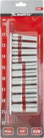 Набор торцевых головок удлиненных 6 гранных, 1/2" MATRIX 10-22 мм crv, 10 предметов, 13590 [13590]