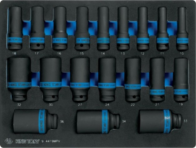 Набор ударных торцевых головок KING TONY 19 предметов ложемент 1/2", шестигранные, 10-36 ММ [9-4419MPV]