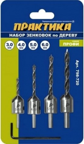 Набор зенковок по дереву ПРАКТИКА ПРАКТИКА (4 шт), сверла (4 шт), сверла 3, 4, 5, 6 мм [798-720]