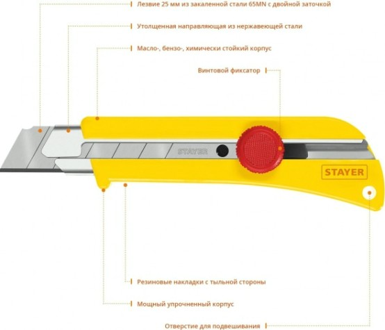 Нож для строительных работ STAYER SK-25 с винтовым фиксатором сегмент. лезвия 25 мм, усиле [09173_z01]