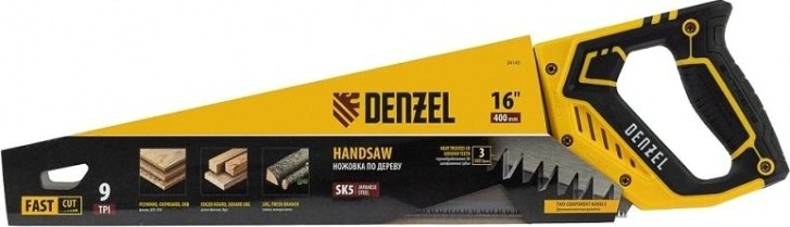 Ножовка по дереву Denzel 9 TPI 400 мм, зуб 3d, двухкомп. рукоятка [24145]