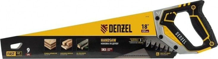 Ножовка по дереву Denzel 9 TPI 450 мм, зуб 3d, металлопл. рукоятка [24140]