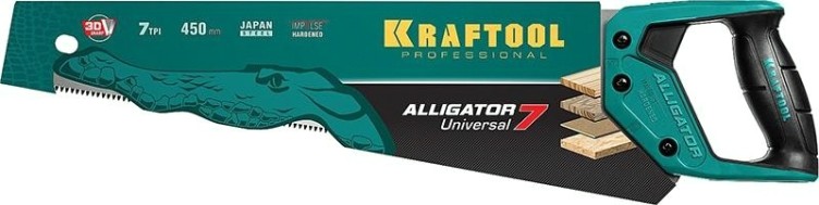 Ножовка по дереву KRAFTOOL "Alligator 7" универсальная 450 мм, 7 tpi 3d зуб, [15004-45_z01]