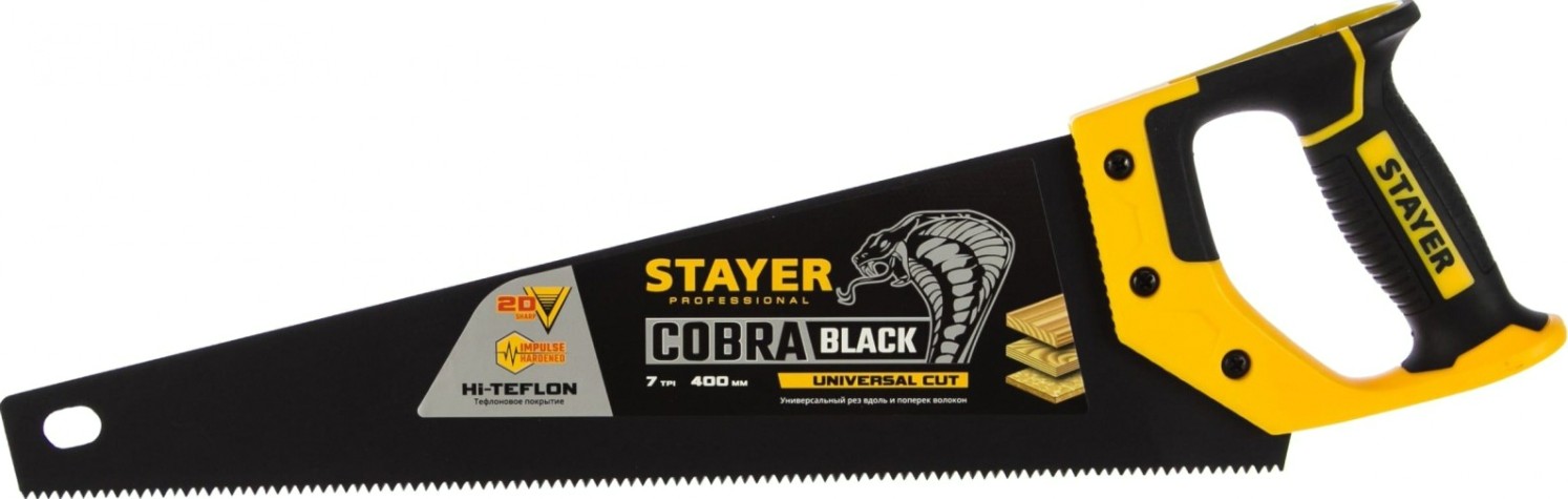 Ножовка по дереву STAYER Cobra BLACK 400 универсальная (пила) 400 мм, 7tpi, тефлон покрытие [2-15081-40_z01]