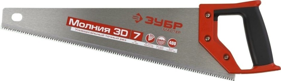 Ножовка по дереву ЗУБР МОЛНИЯ-3D 7TPI универсальная 400мм, 3d зуб, точный рез [15077-40_z01]
