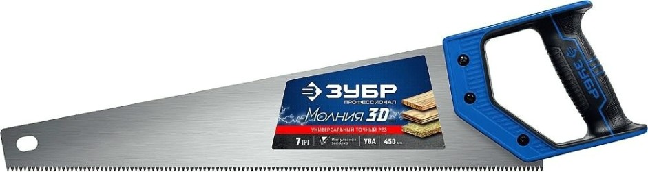 Ножовка по дереву ЗУБР МОЛНИЯ-3D 7TPI универсальная 450мм, 3d зуб, точный рез [15077-45_z01]